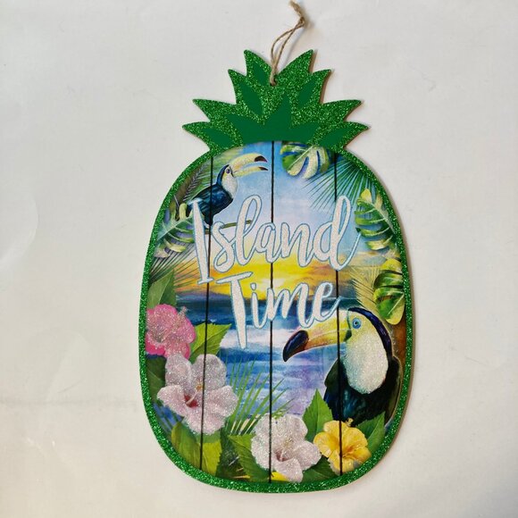 ISLAND TIME Pineapple Tiki Bar Beach Sign Luau Door Wall Decoration Parrots - Picture 4 of 9